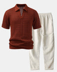 Helvano | Herren-Set Häkel-Poloshirt mit V-Ausschnitt & Leinenhose