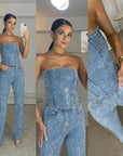 Helvano | Damen Hosenset mit High-Waist-Jeans und Glitzer