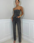 Helvano | Damen Hosenset mit High-Waist-Jeans und Glitzer