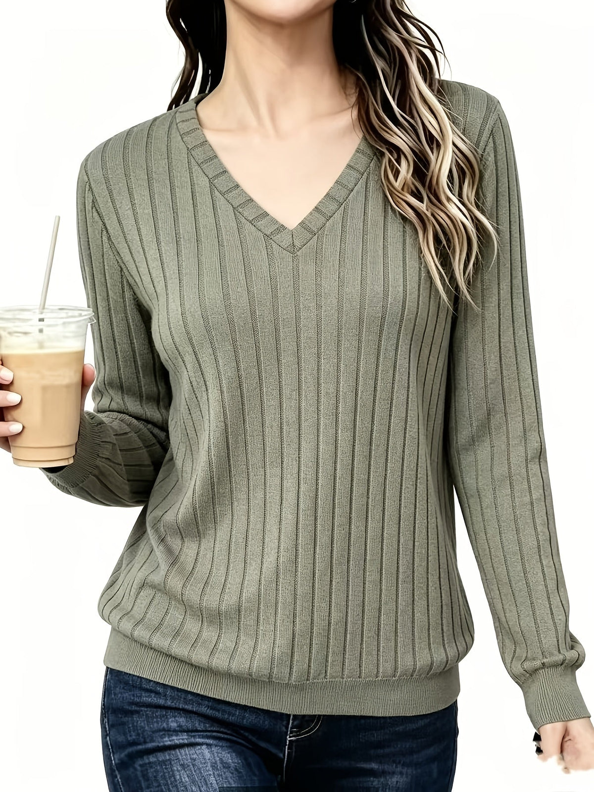 Helvano | Geripptes Feinstrickpullover mit V-Ausschnitt für Damen