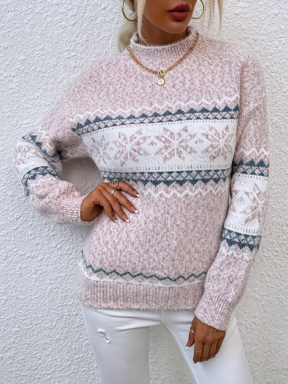Helvano | Damen Strickpullover mit Stehkragen und Schneeflocken