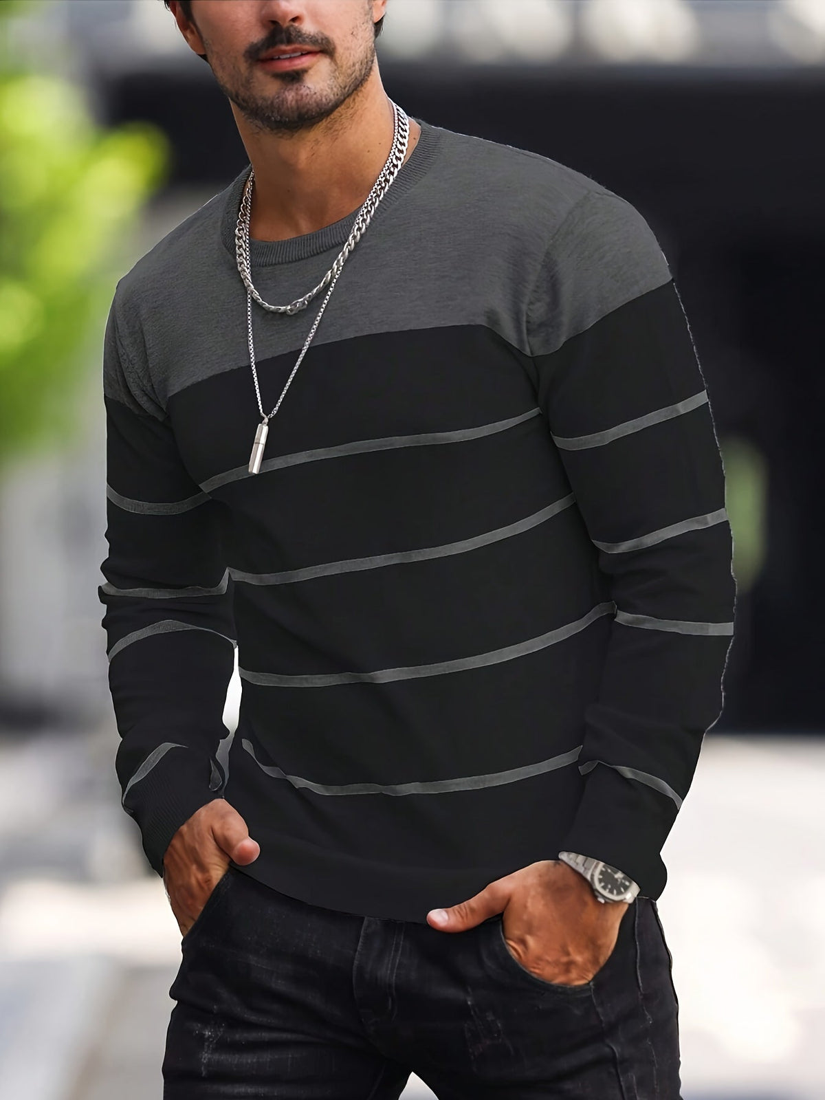 Helvano | Gestreifter Strickpullover mit Rundhals für Herren