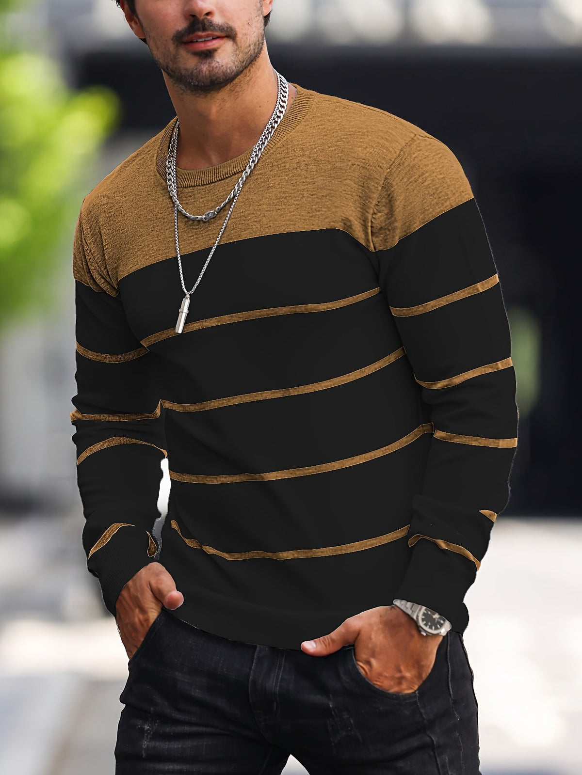 Helvano | Gestreifter Strickpullover mit Rundhals für Herren