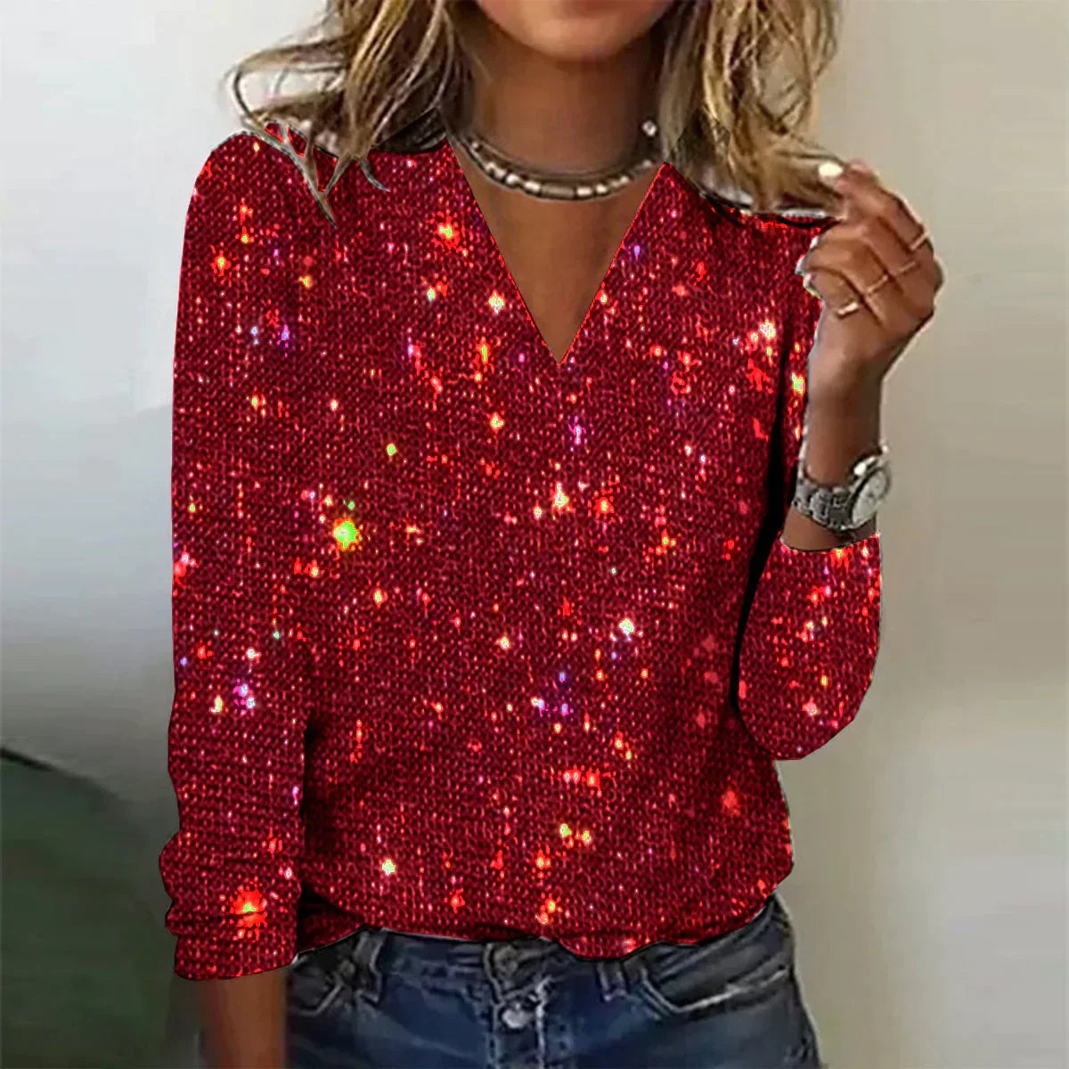 Helvano | Funkelnder Pullover mit V-Ausschnitt für Damen