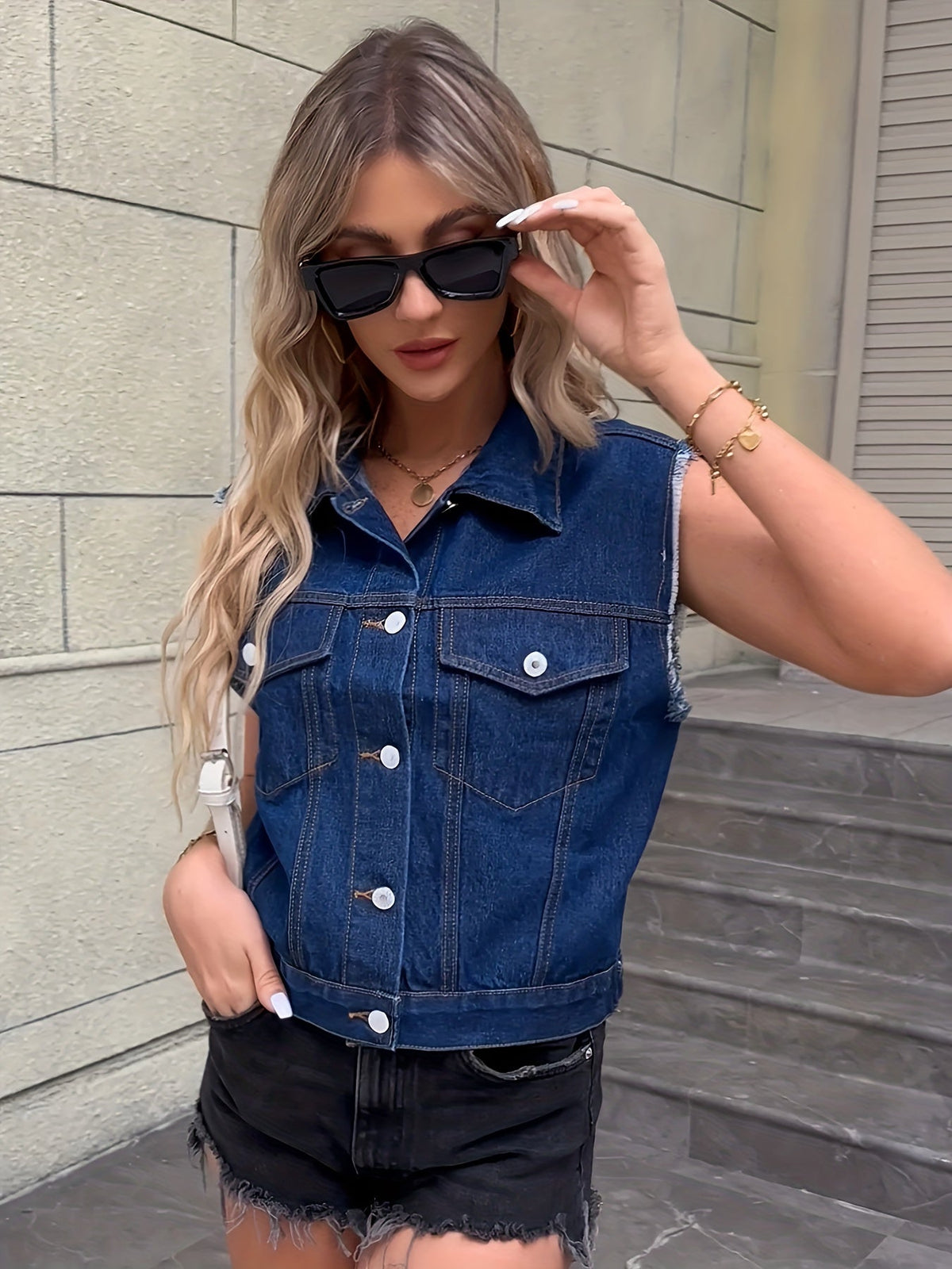 Helvano | Ärmellose Jeansjacke mit Pattentaschen für Damen