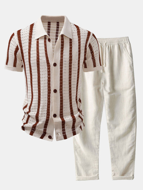 Helvano | Herren Set Leinenhose & gestreiftes Hemd in Beige
