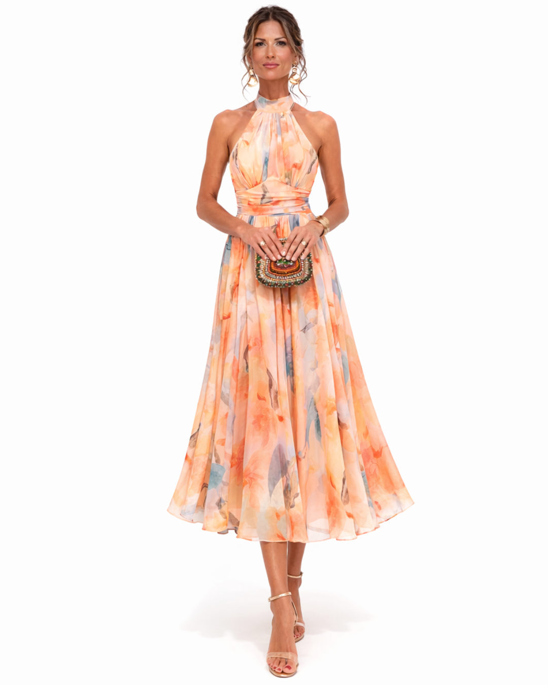 Helvano | Chiffonkleid mit Blumenmuster für Damen in Pfirsich