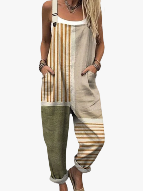 Helvano | Gestreifter Latzhosen-Jumpsuit für Damen in Beige