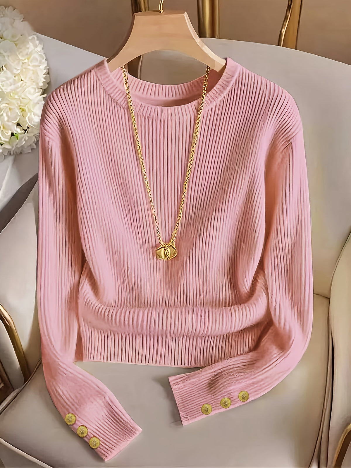 Helvano | Gerippter Strickpullover mit Knopfmanschetten für Damen
