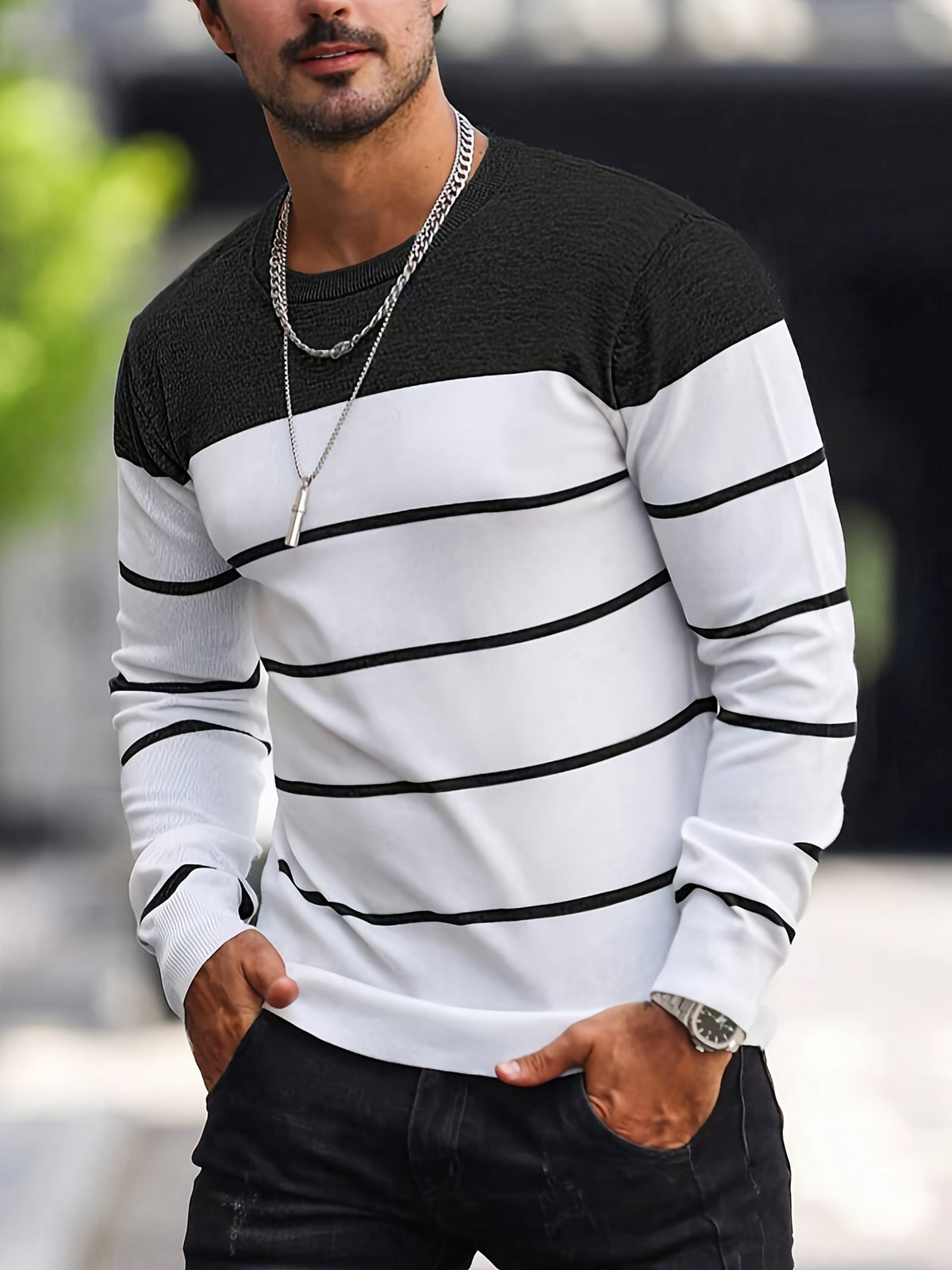 Helvano | Gestreifter Strickpullover mit Rundhals für Herren