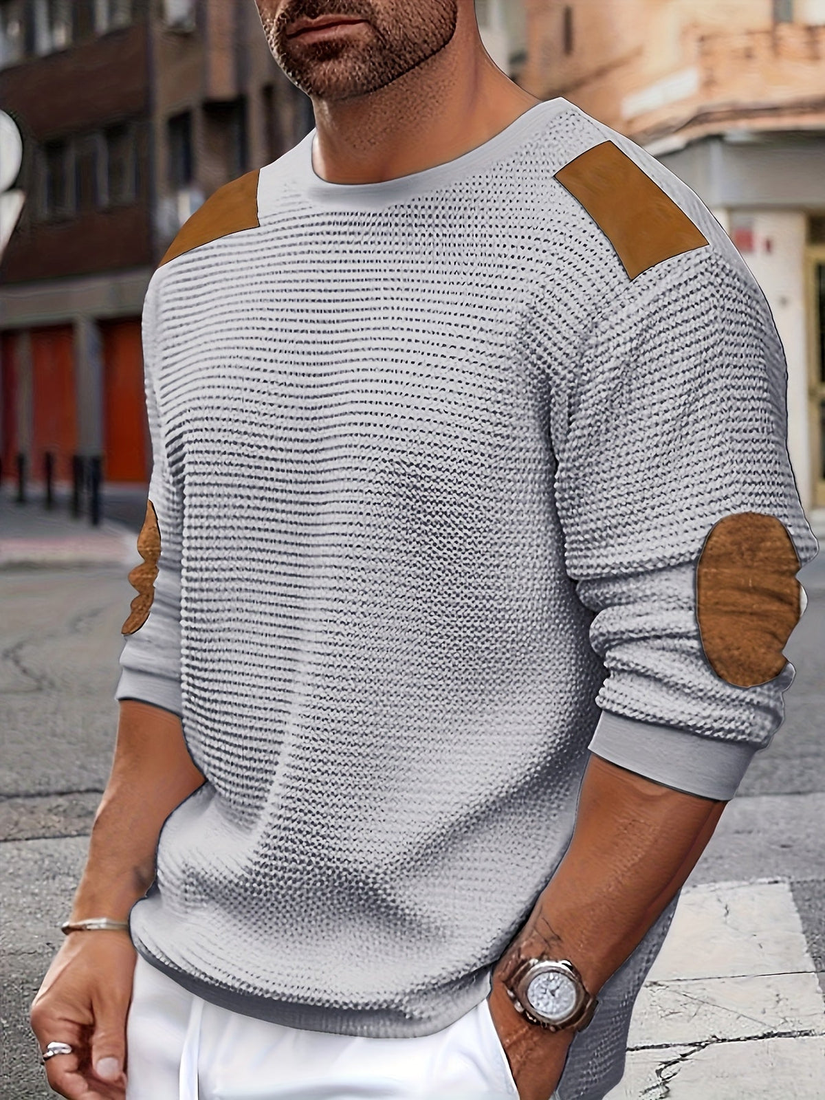 Helvano | Strukturierter Herren-Pullover mit Ellbogen-Patches