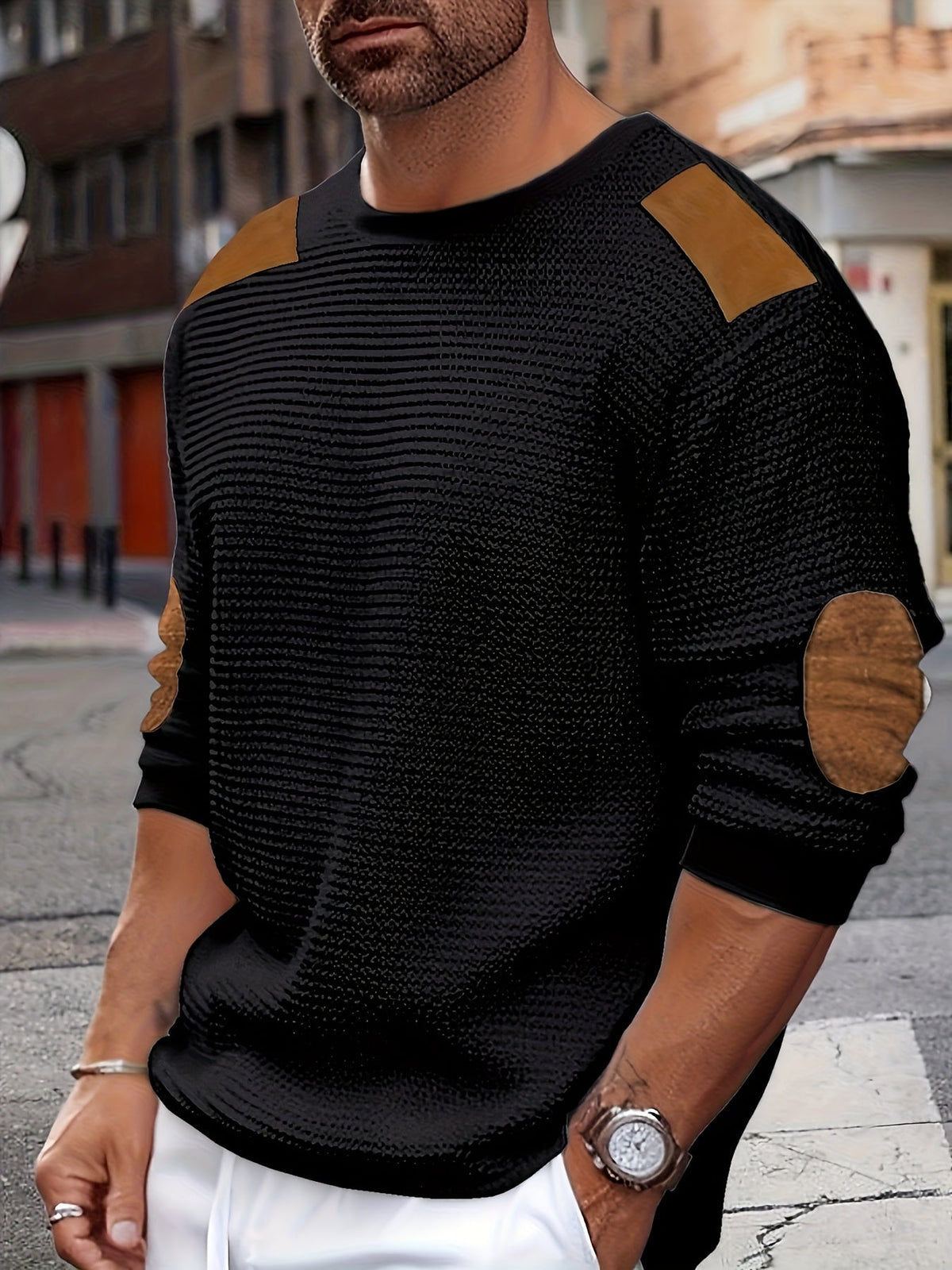 Helvano | Strukturierter Herren-Pullover mit Ellbogen-Patches