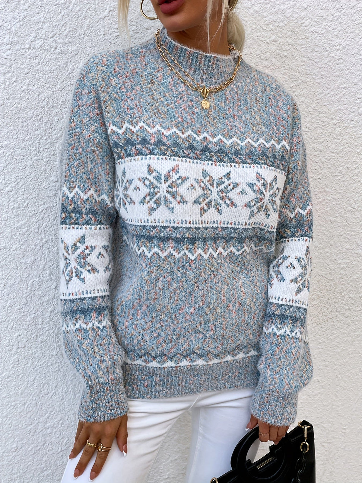 Helvano | Damen Strickpullover mit Stehkragen und Schneeflocken