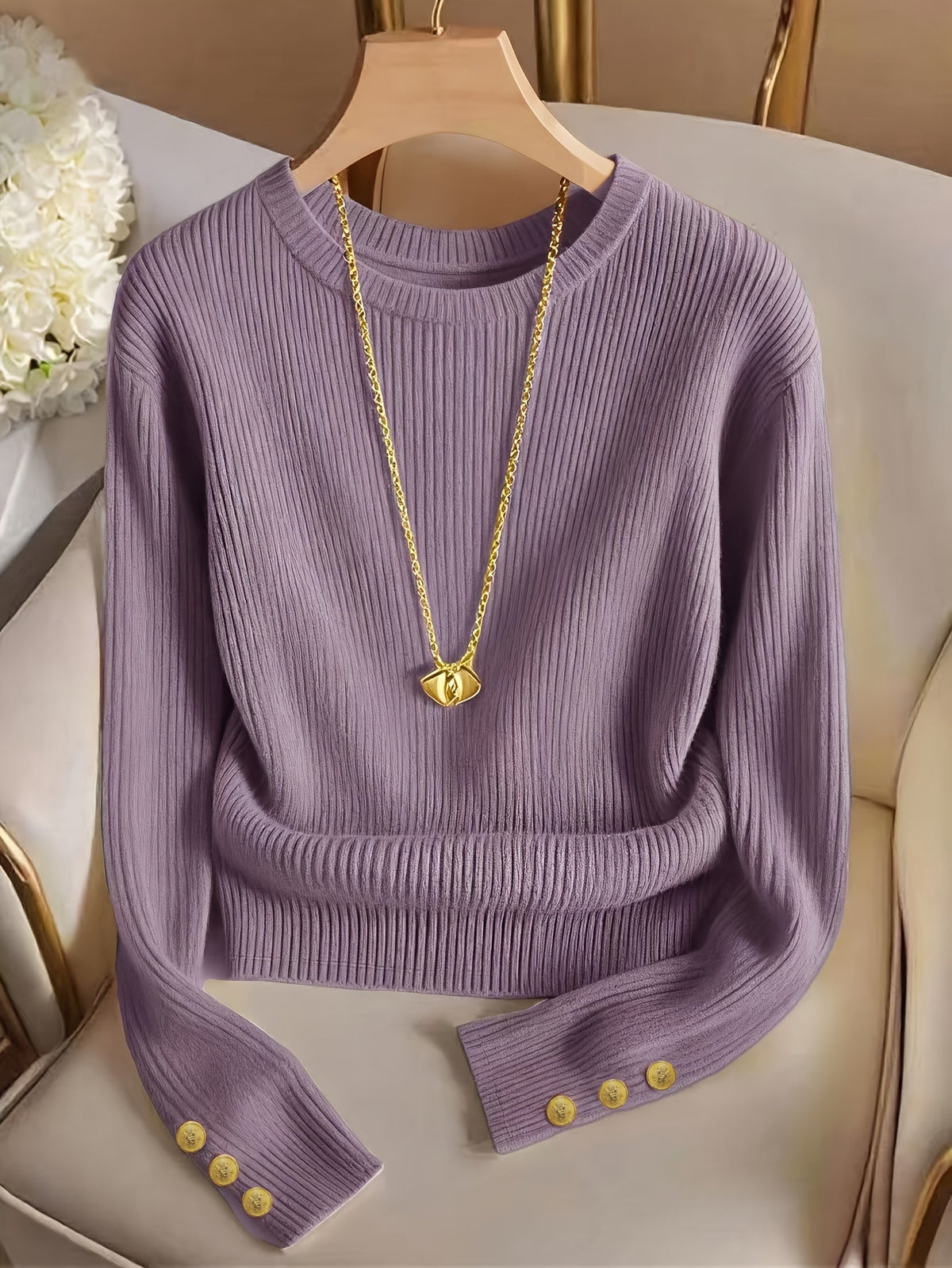 Helvano | Gerippter Strickpullover mit Knopfmanschetten für Damen
