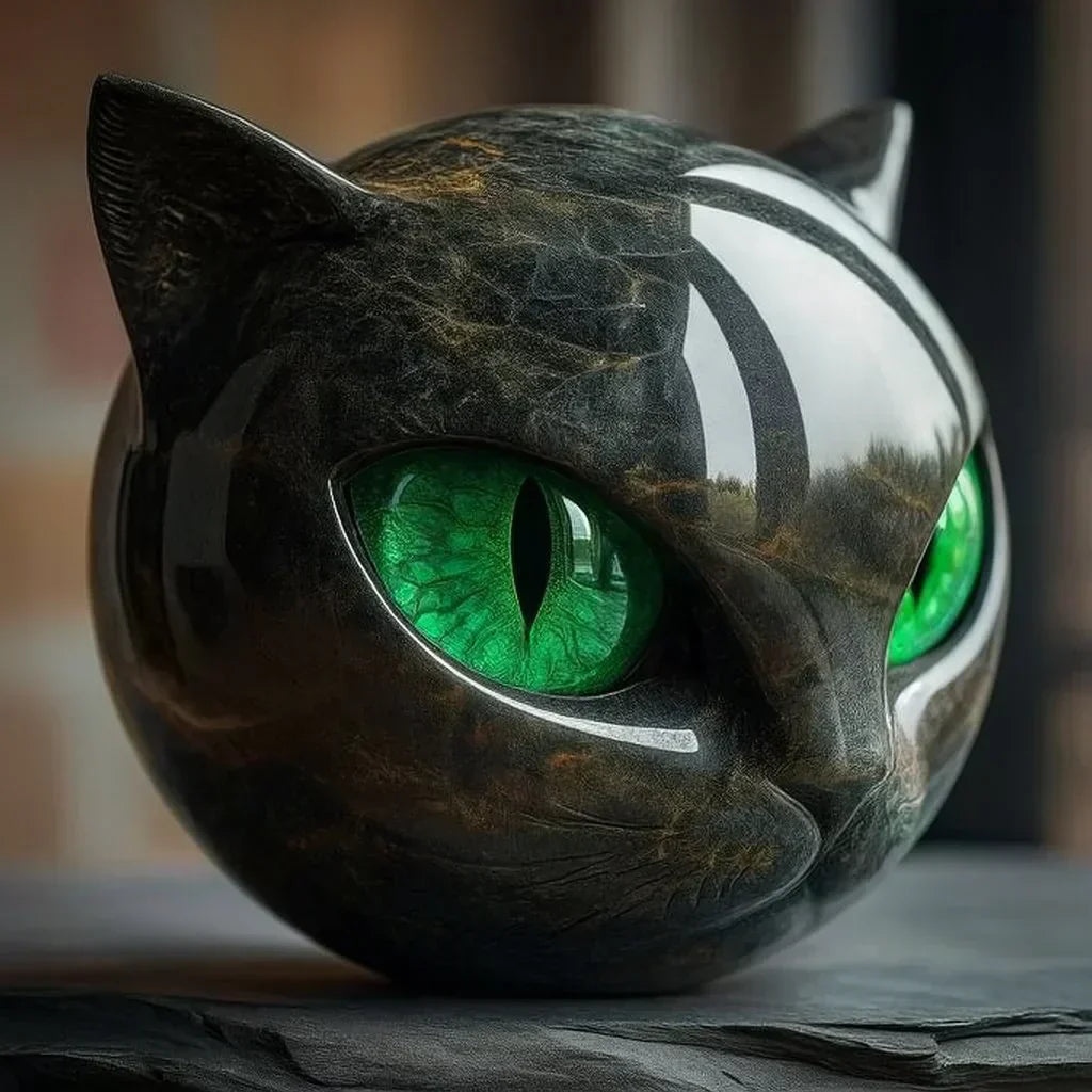 Helvano | Schwarze Katzenkopf-Skulptur mit hypnotischen Augen