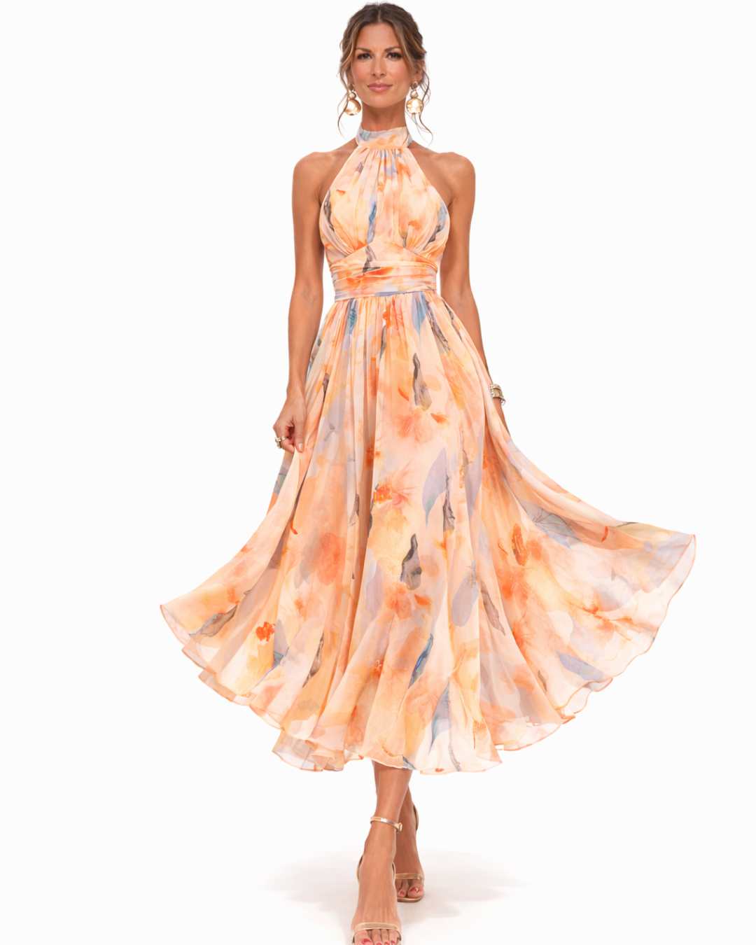 Helvano | Chiffonkleid mit Blumenmuster für Damen in Pfirsich
