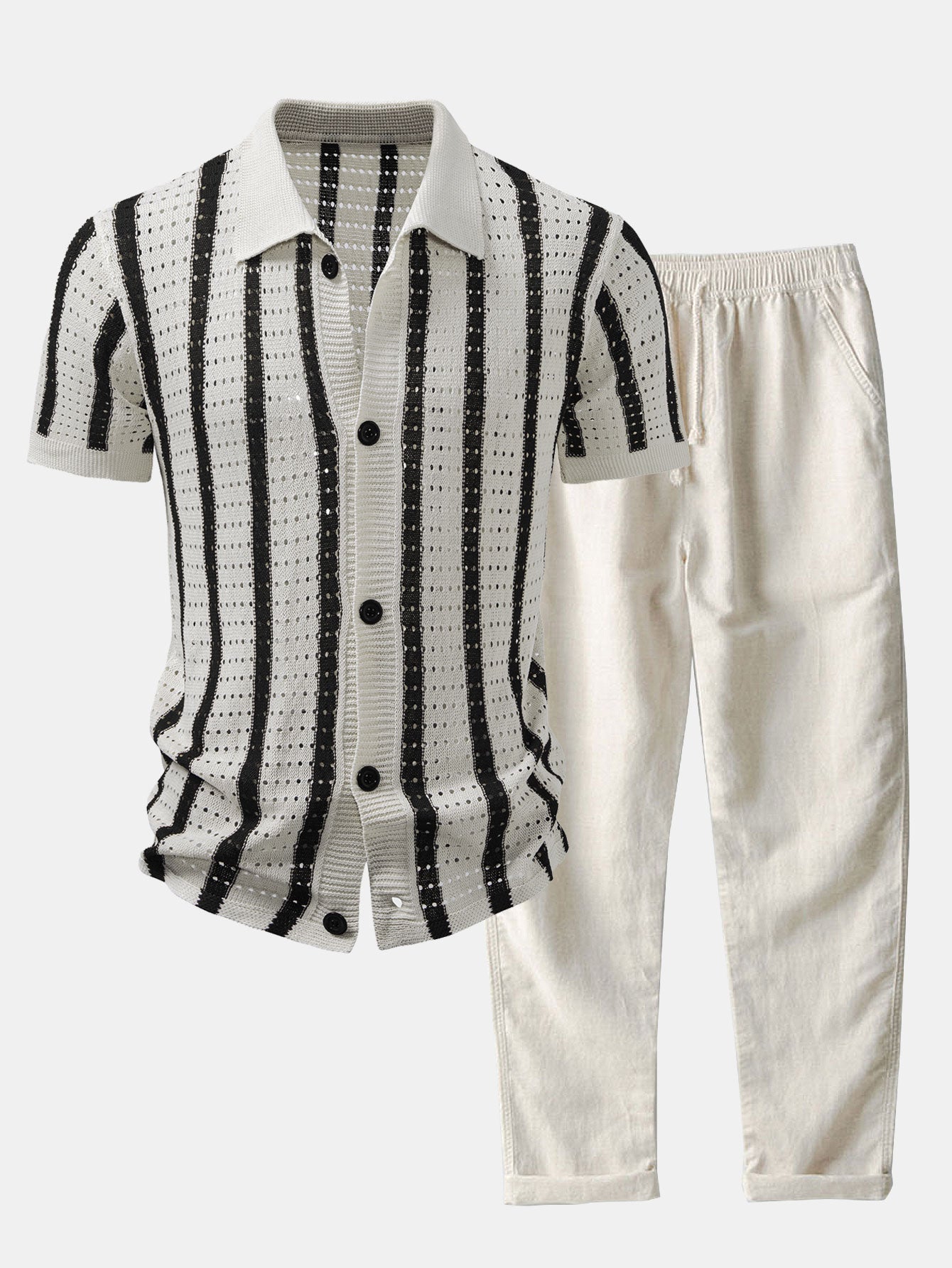 Helvano | Herren Set Leinenhose &amp; gestreiftes Hemd in Beige
