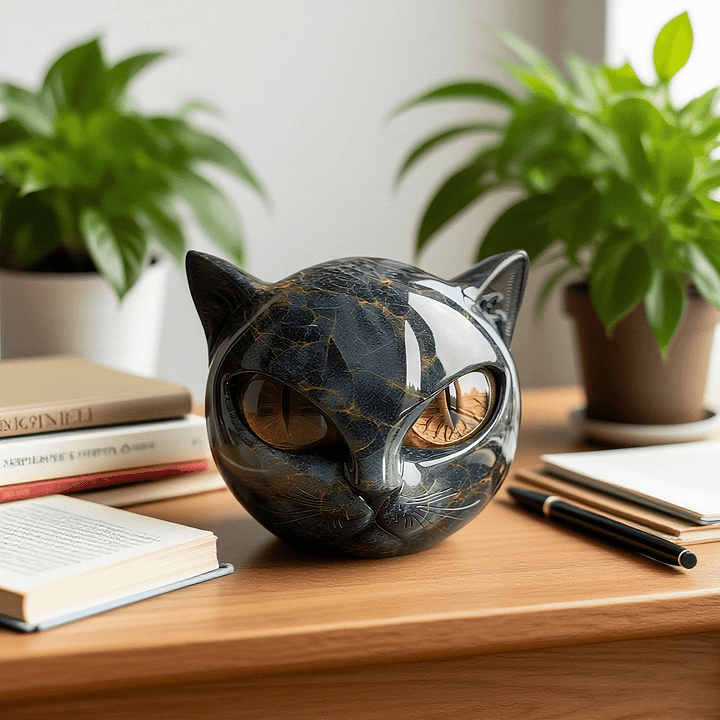 Helvano | Schwarze Katzenkopf-Skulptur mit hypnotischen Augen