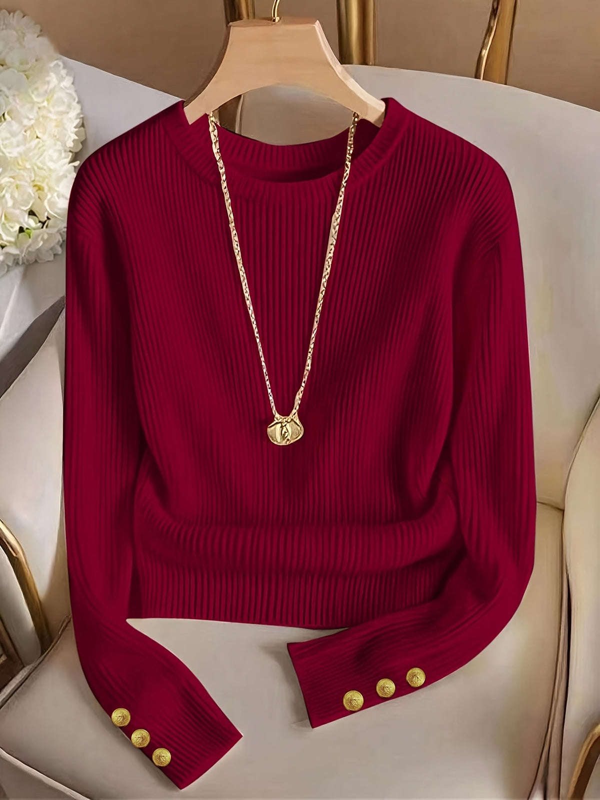 Helvano | Gerippter Strickpullover mit Knopfmanschetten für Damen
