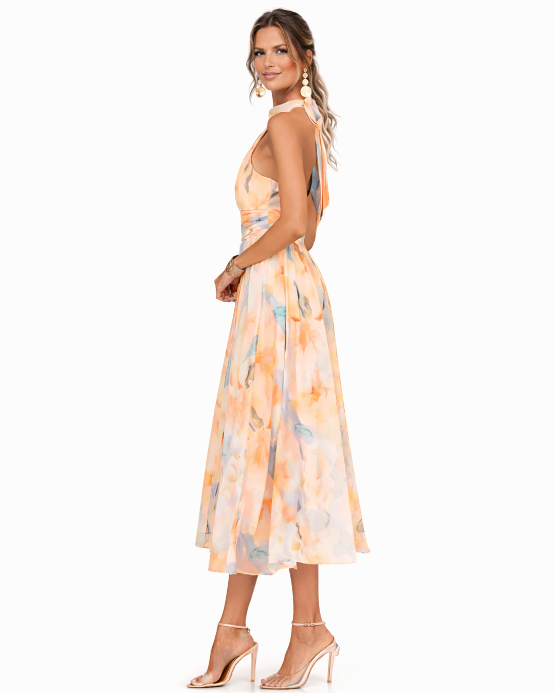 Helvano | Chiffonkleid mit Blumenmuster für Damen in Pfirsich