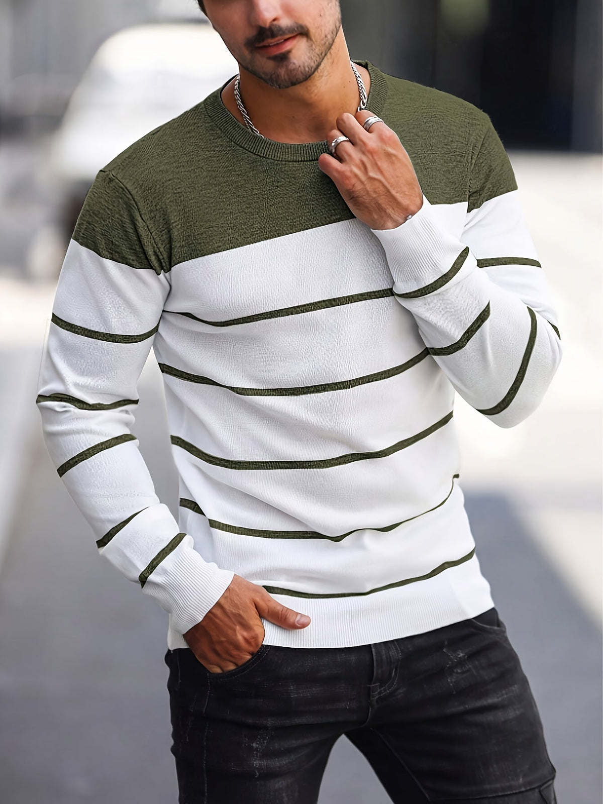 Helvano | Gestreifter Strickpullover mit Rundhals für Herren