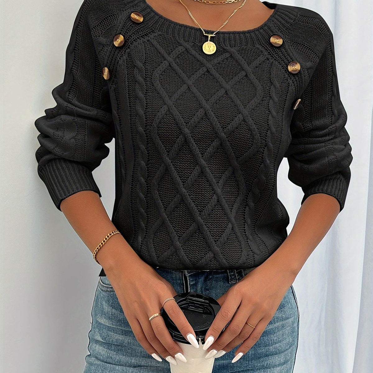 Helvano | Strukturierter Strickpullover mit Knöpfen für Damen
