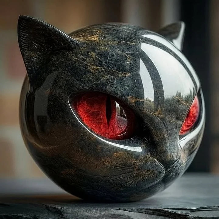 Helvano | Schwarze Katzenkopf-Skulptur mit hypnotischen Augen