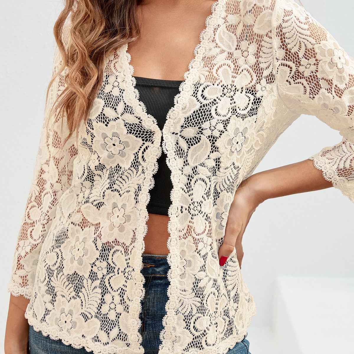 Helvano | Damen Strickjacke mit Blumen-Lochmuster