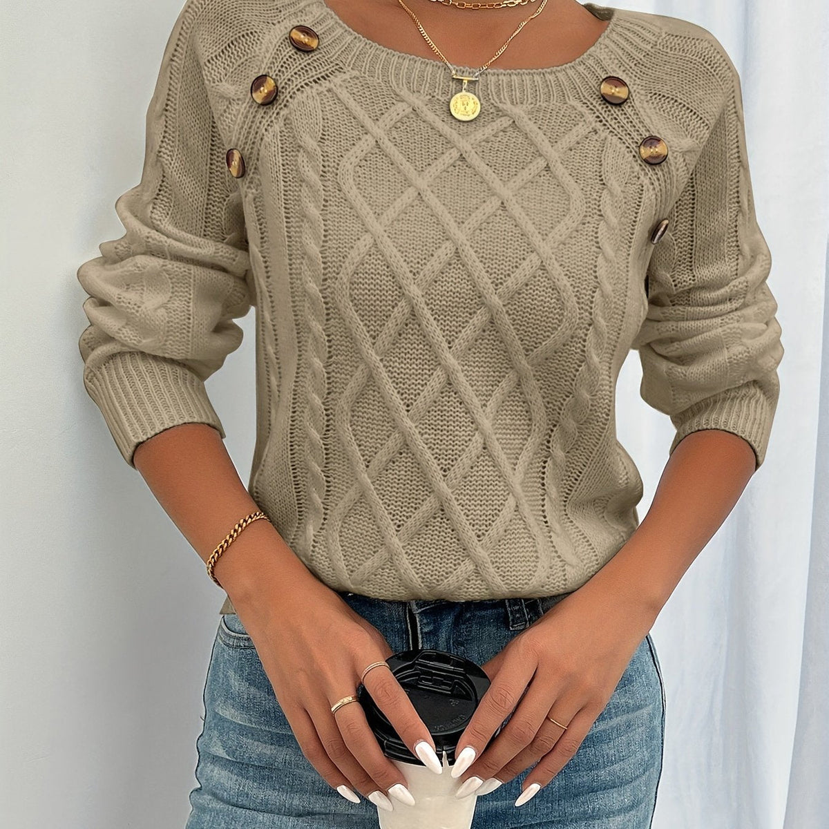 Helvano | Strukturierter Strickpullover mit Knöpfen für Damen