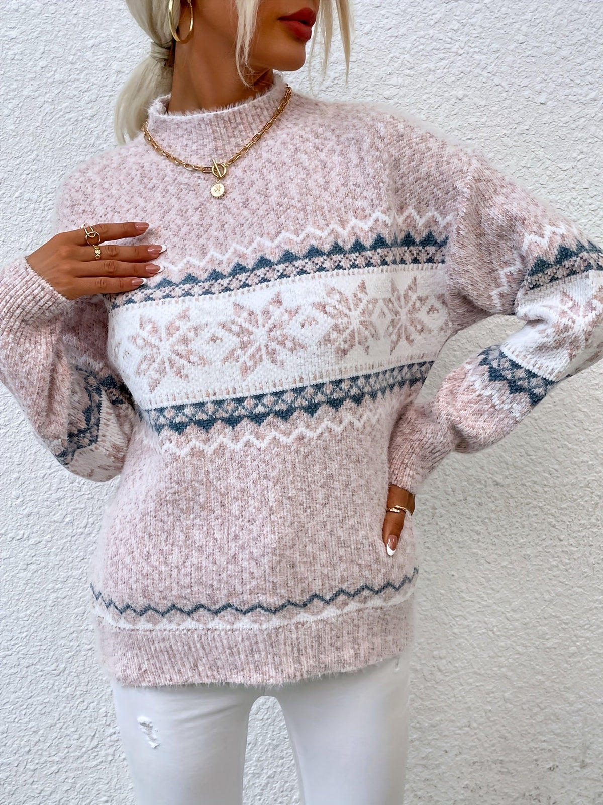 Helvano | Damen Strickpullover mit Stehkragen und Schneeflocken
