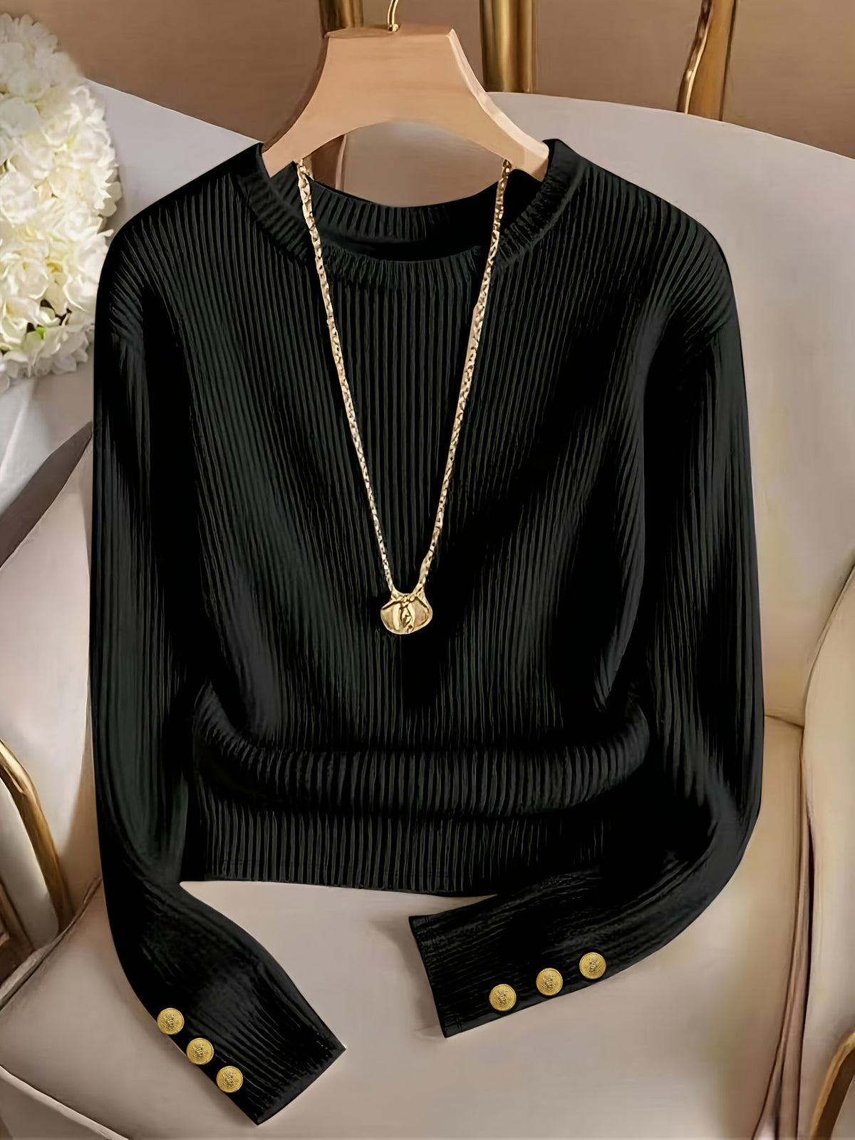 Helvano | Gerippter Strickpullover mit Knopfmanschetten für Damen