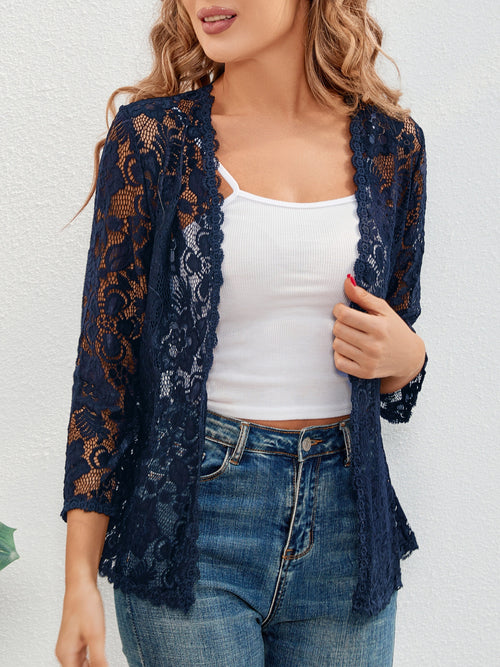 Helvano | Damen Strickjacke mit Blumen-Lochmuster