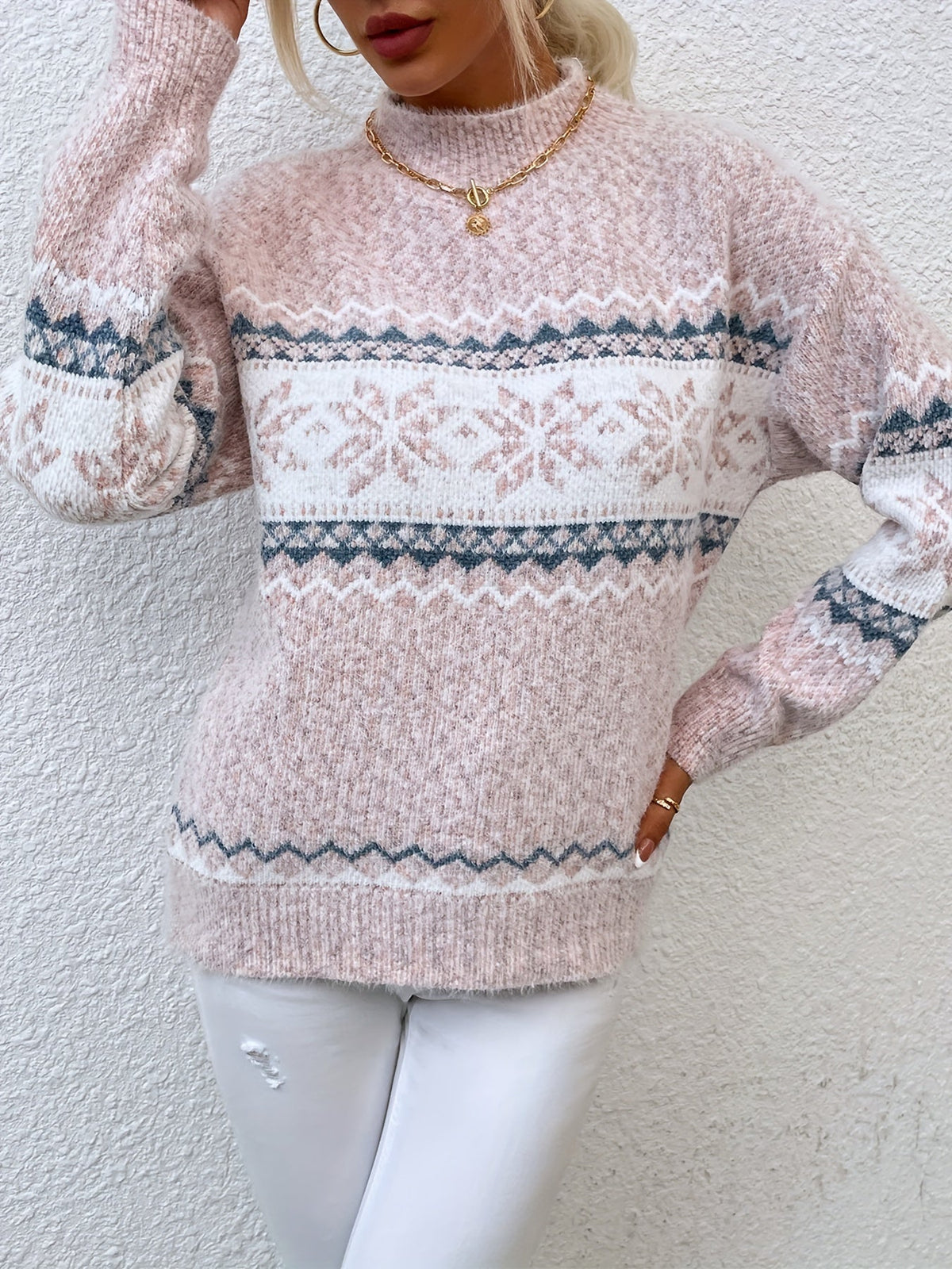 Helvano | Damen Strickpullover mit Stehkragen und Schneeflocken