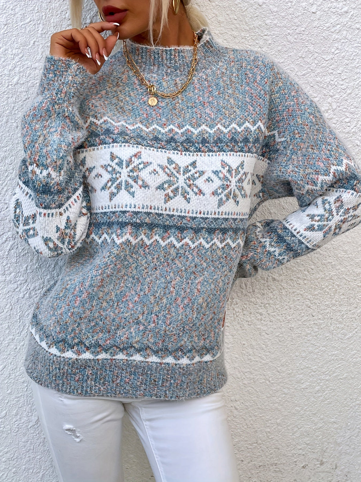 Helvano | Damen Strickpullover mit Stehkragen und Schneeflocken