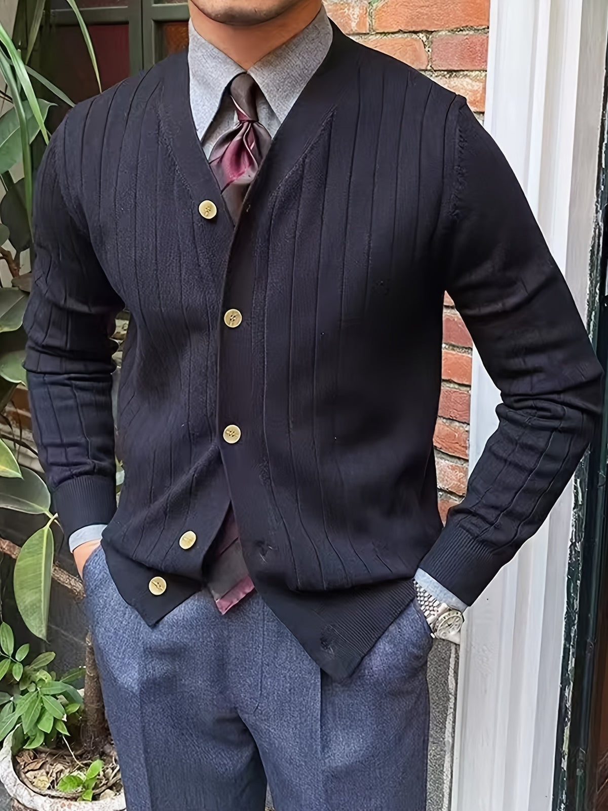 Helvano | Gerippte Strickjacke mit Knöpfen für Herren