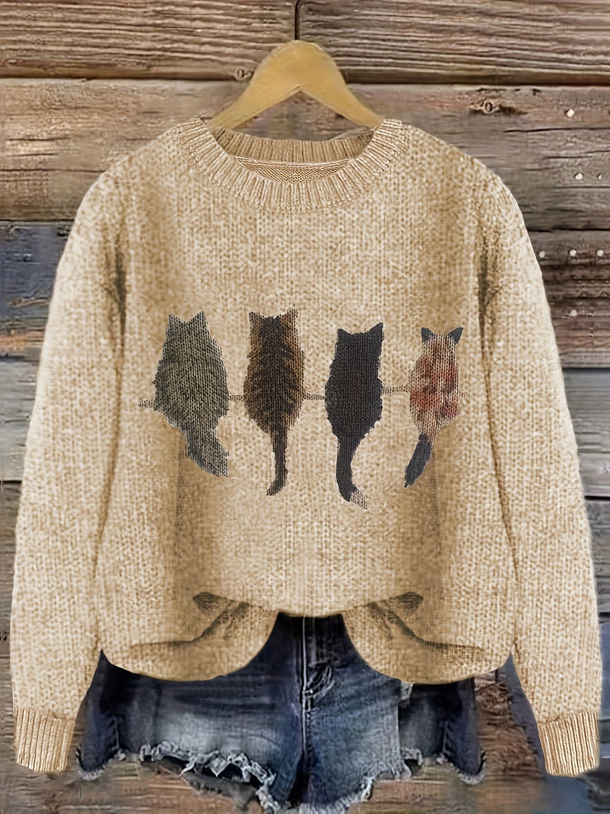Helvano | Damen Strickpullover mit Katzenmotiv