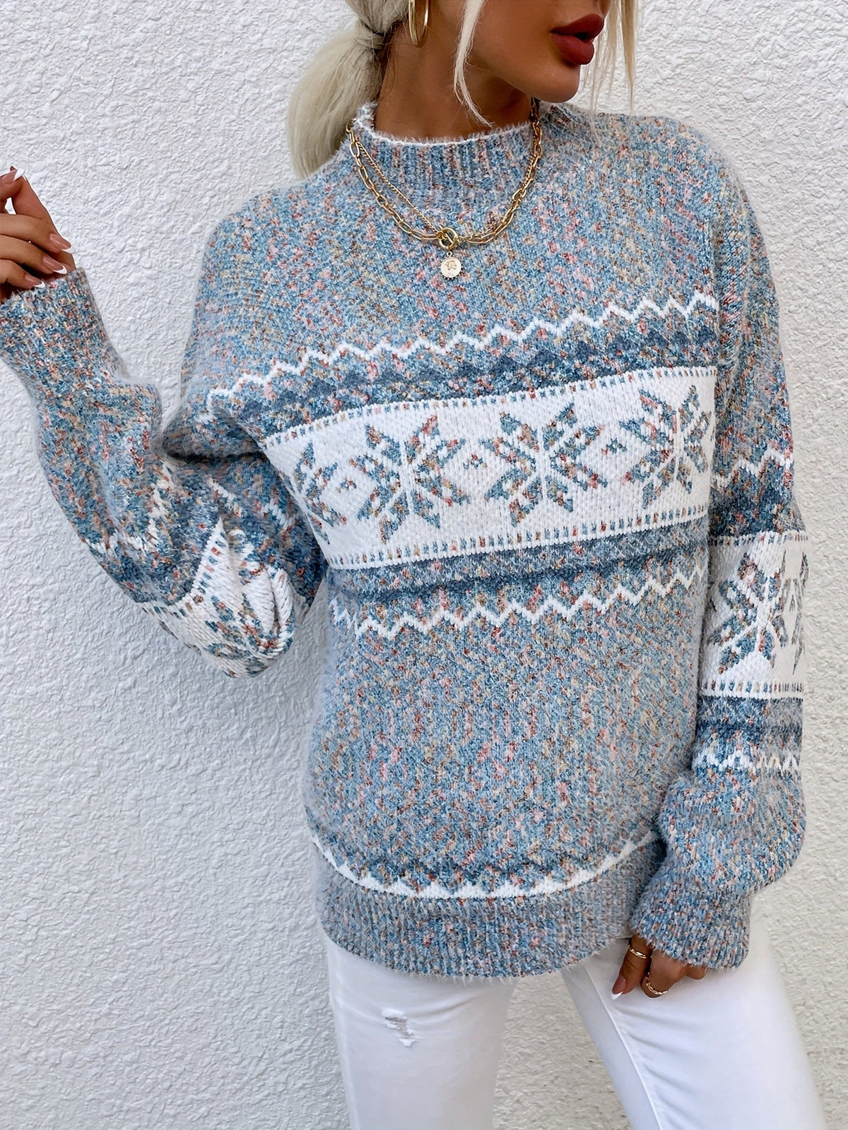 Helvano | Damen Strickpullover mit Stehkragen und Schneeflocken