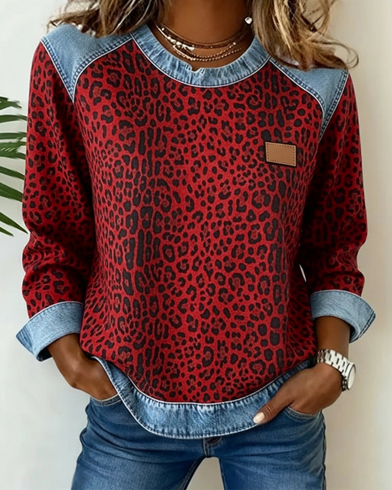 Helvano | Damen Patchwork-Pullover mit Leopardenmuster