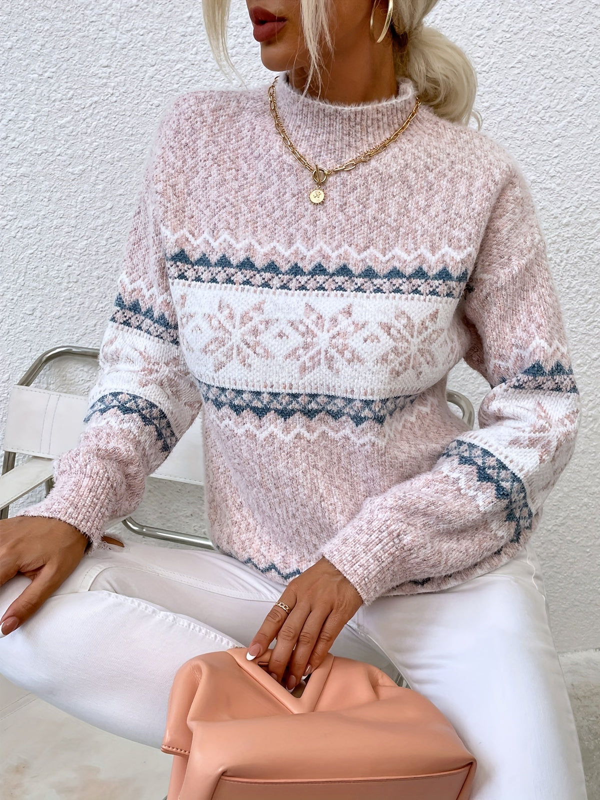 Helvano | Damen Strickpullover mit Stehkragen und Schneeflocken