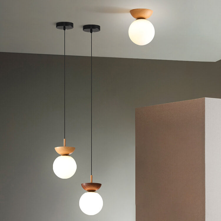 Helvano | Deckenleuchte mit Glaskugel in Holzoptik