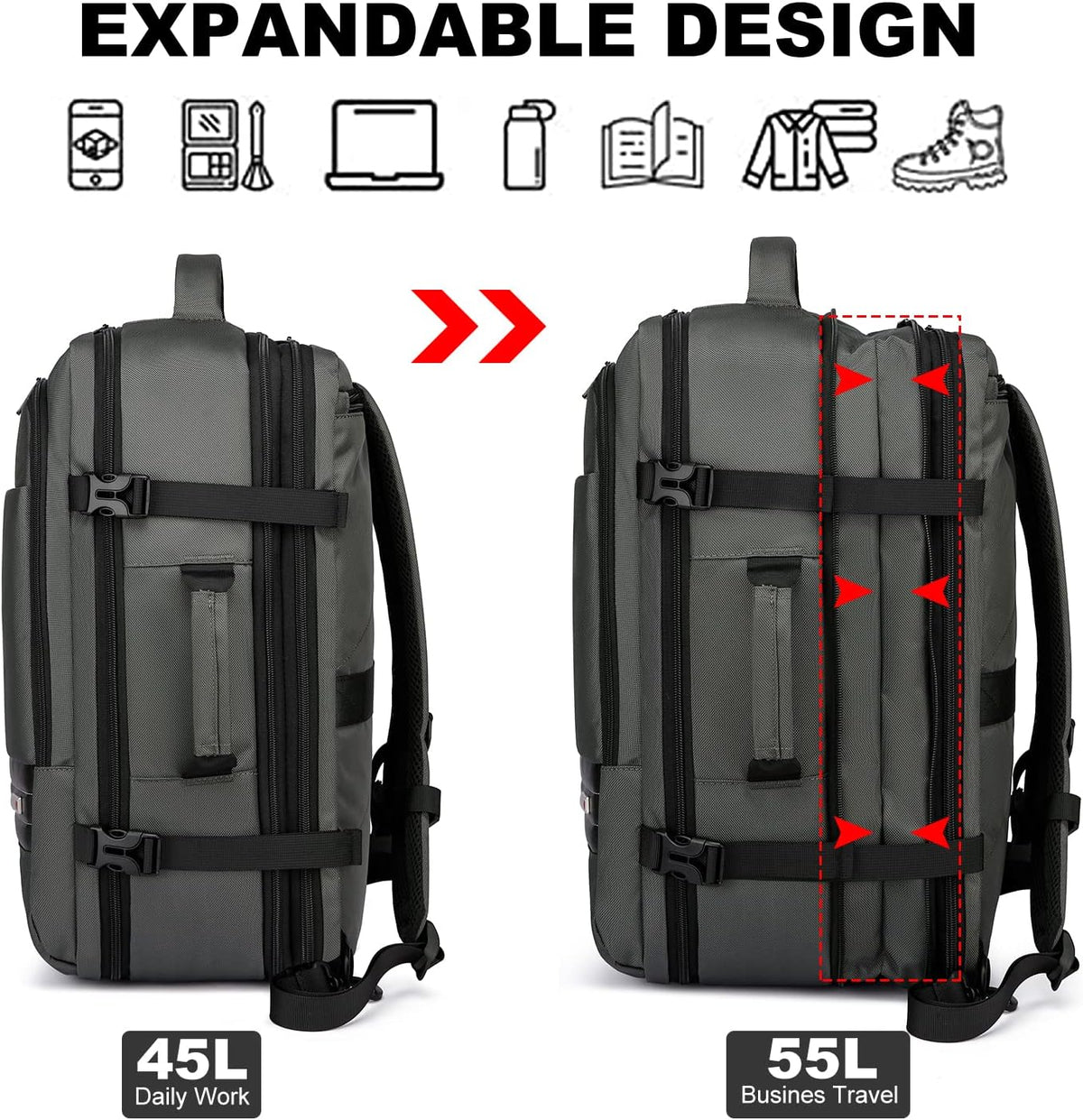 Helvano | Erweiterbarer Reiserucksack mit Laptopfach