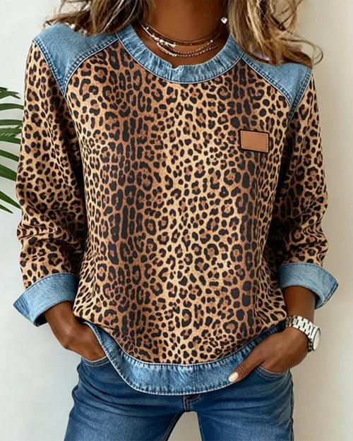 Helvano | Damen Patchwork-Pullover mit Leopardenmuster