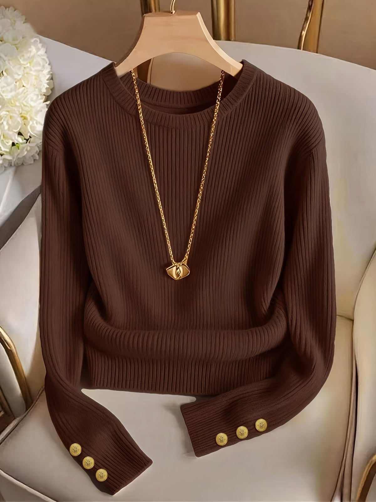 Helvano | Gerippter Strickpullover mit Knopfmanschetten für Damen