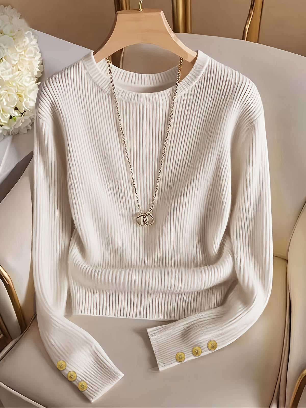 Helvano | Gerippter Strickpullover mit Knopfmanschetten für Damen