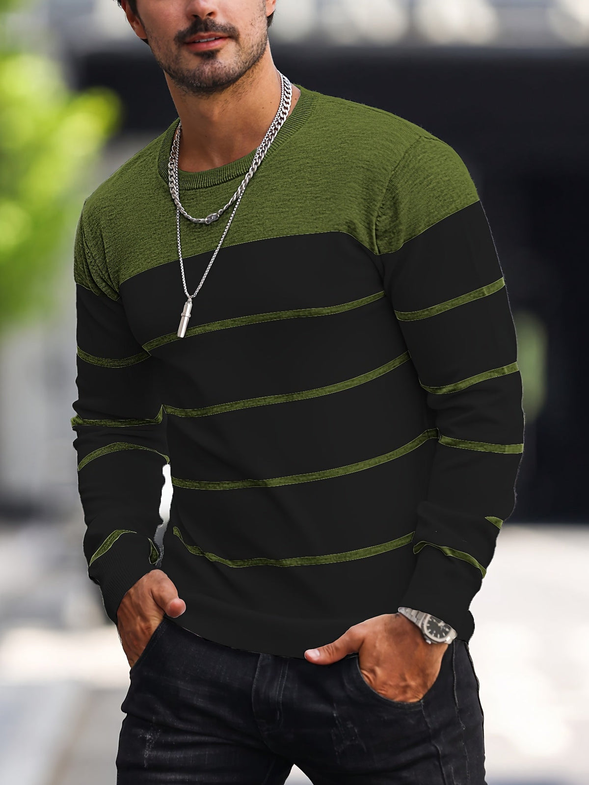 Helvano | Gestreifter Strickpullover mit Rundhals für Herren