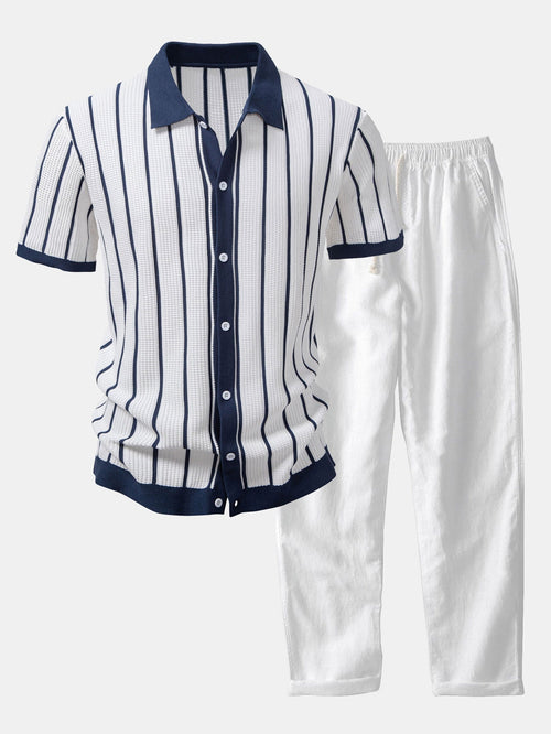 Helvano | Herren Set: Strick-Streifenhemd & Leinenhose
