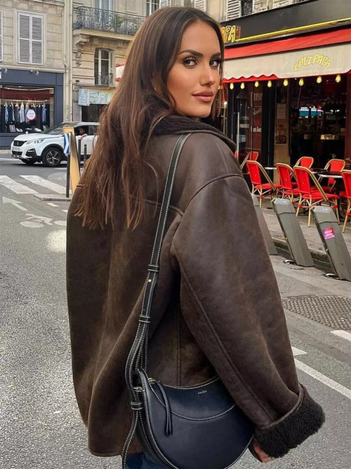 Helvano | Oversized Damenjacke mit Fell in Braun