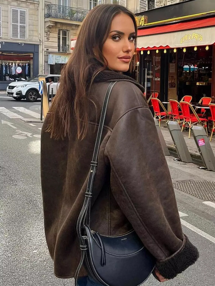 Helvano | Oversized Damenjacke mit Fell in Braun