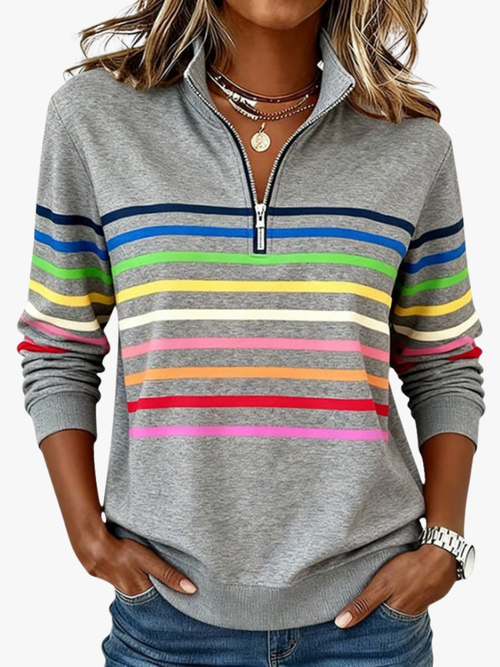 Helvano | Damen Sweatshirt mit kurzem Reissverschluss gestreift
