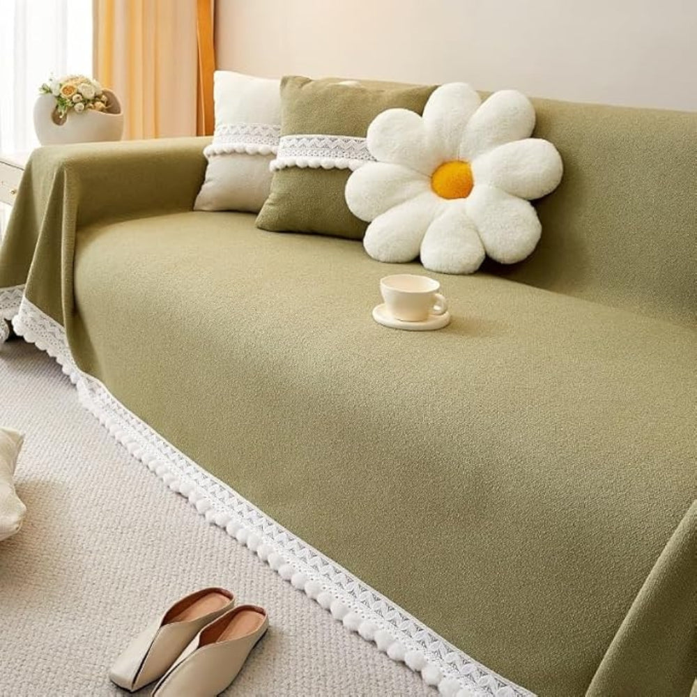 Helvano | Chenille-Sofaüberwurf mit Spitzenborte